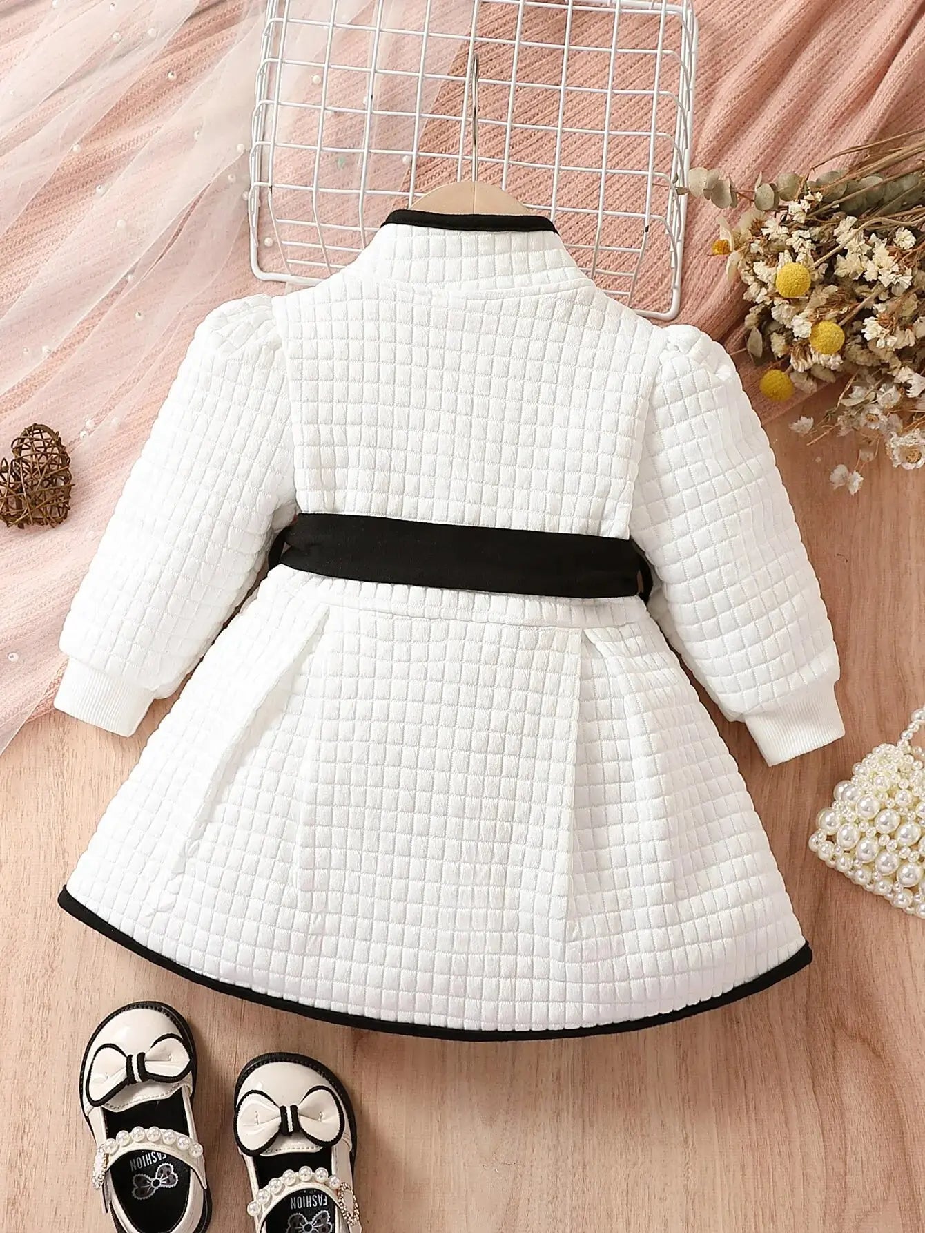 Baby Girls Fashion Autumn And Winter Thermal Belted Dress Set Princess Coat Classic Black And White Color Contrast Cardigan - SPINGHAR