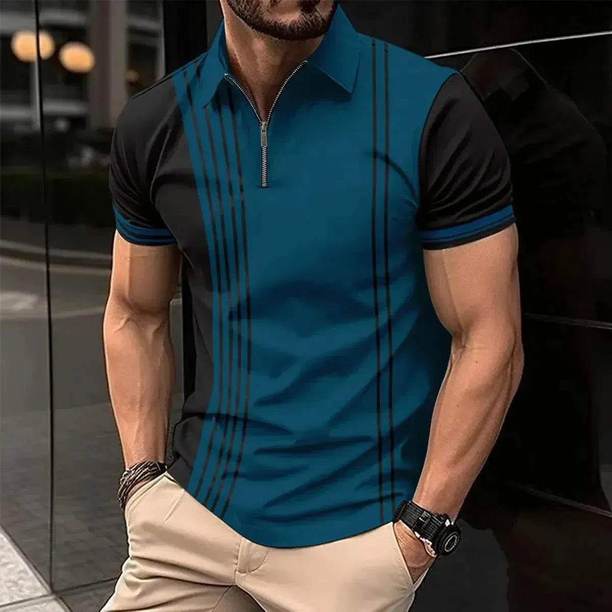 New Summer Men's Short Sleeve Polo Shirt - Splice Stripe Fashion Top - SPINGHAR