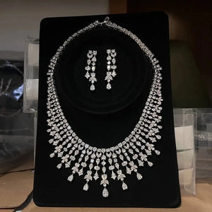 Magnificent White Color CZ Zircon Tassel Flowers Drop Necklace Earrings Sets for Women Bridal Evening Wedding Dinner Jewelry SPINGHAR