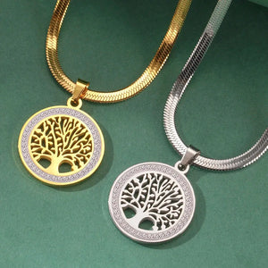 LIKGREAT Tree of Life Stainless Steel Necklace for Women New Fashion Clear Zircon Round Pendant Necklaces Jewelry Wedding Gift - SPINGHAR