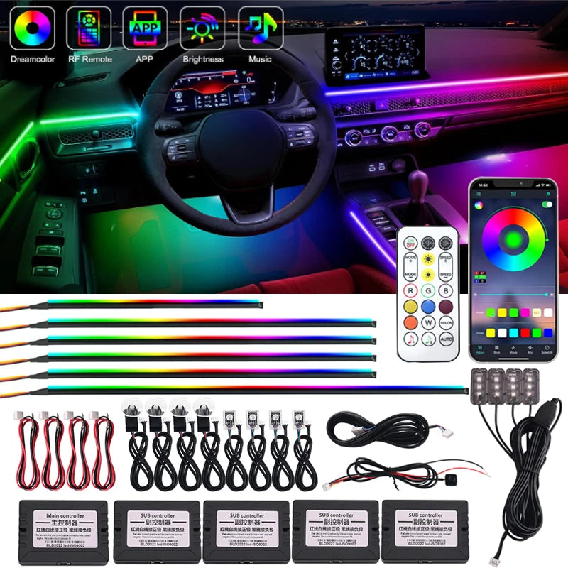 18 In 1 Symphony Streamer Car Ambient Lights Interior LED Acrylic Strip Light RGB 64 Color Decoration Atmosphere Lamp APP Remote SPINGHAR