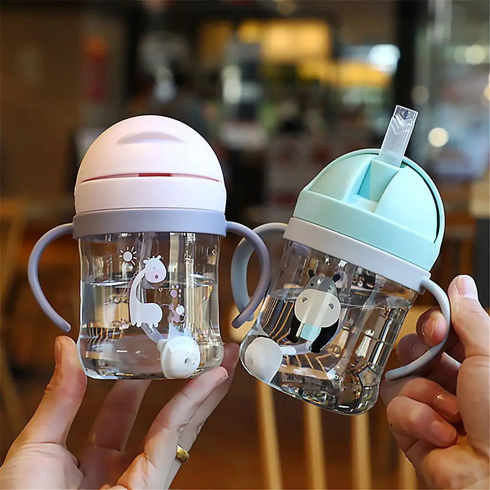 250ML Cartoon Pattern Outdoor Child Drinking Bottle with Straw Baby Feeding Cup for Kids Training Portable Handle Water Bottle SPINGHAR