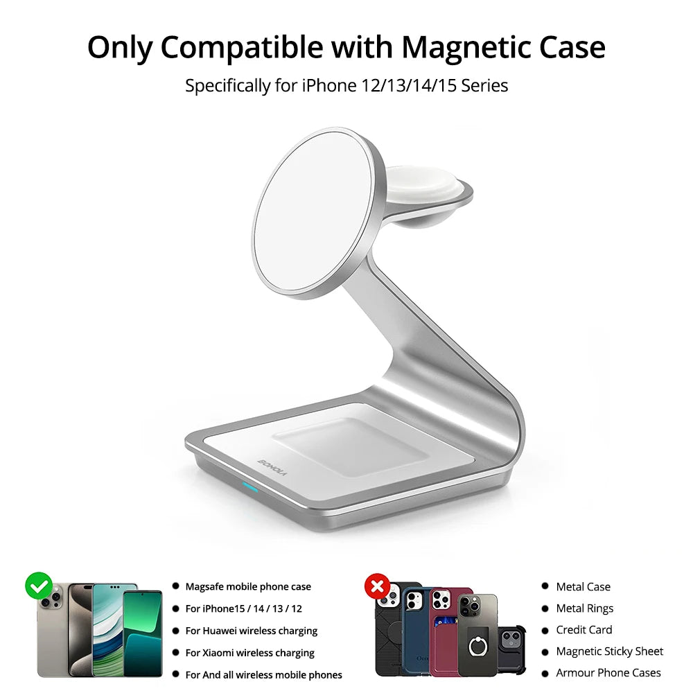 Bonola Magnetic 3 in 1 Wireless Charger for iPhone 15/13/14 Pro Max/12 30W Wireless Charging Station for Apple Watch/AirPods Pro SPINGHAR