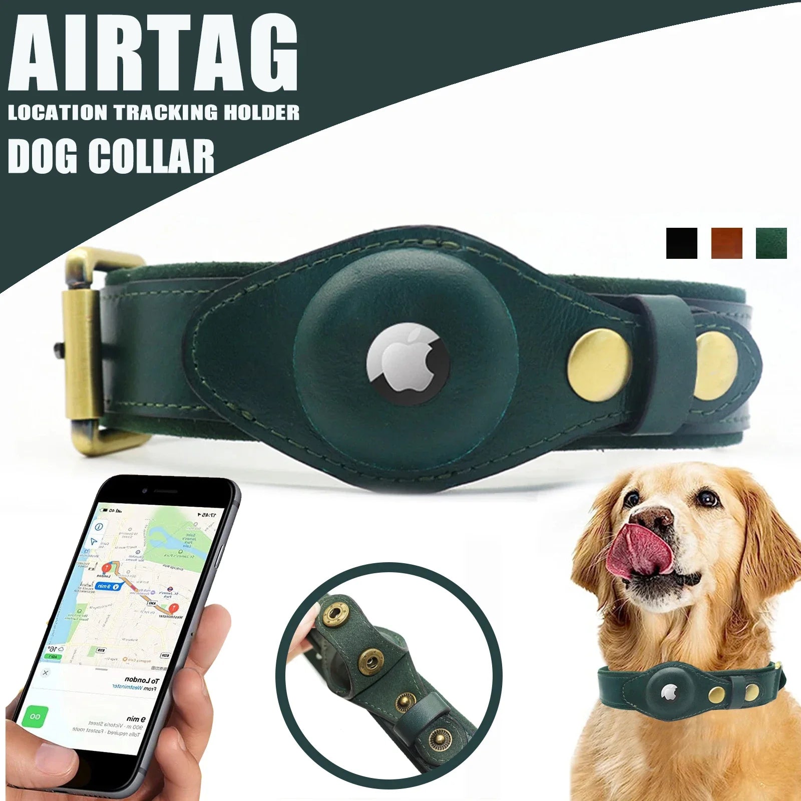 Genuine Leather Airtag Dog Collar Heavy Duty Dog Collar with For Airtag Holder Case Pet GPS Location Tracker AirTag Accessories SPINGHAR