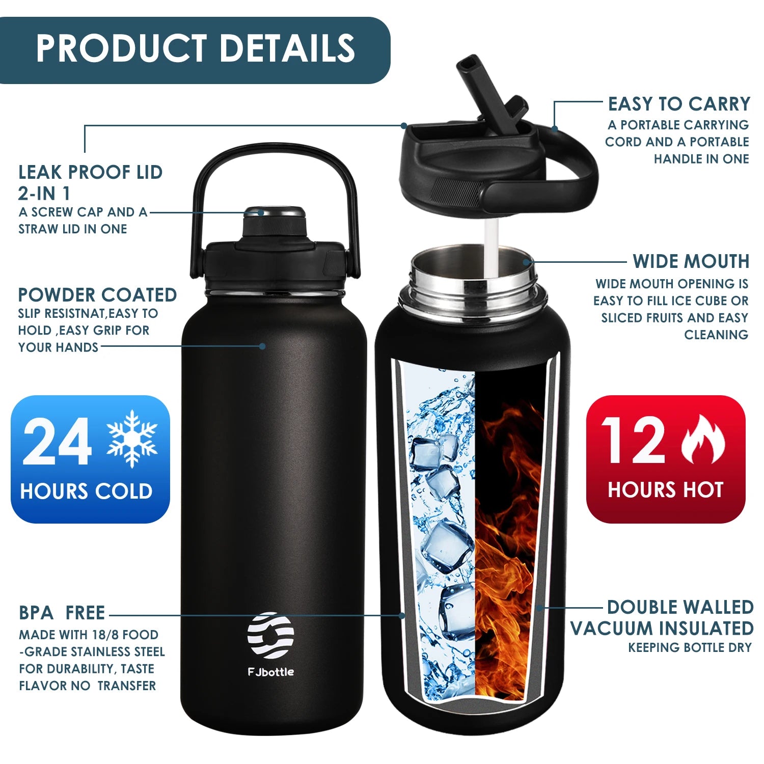 FEIJIAN Thermos Bottle with Straw Sport Stainless Steel Vacuum Flask Insulated Water Bottle with Handle Lid 950/1200ml SPINGHAR