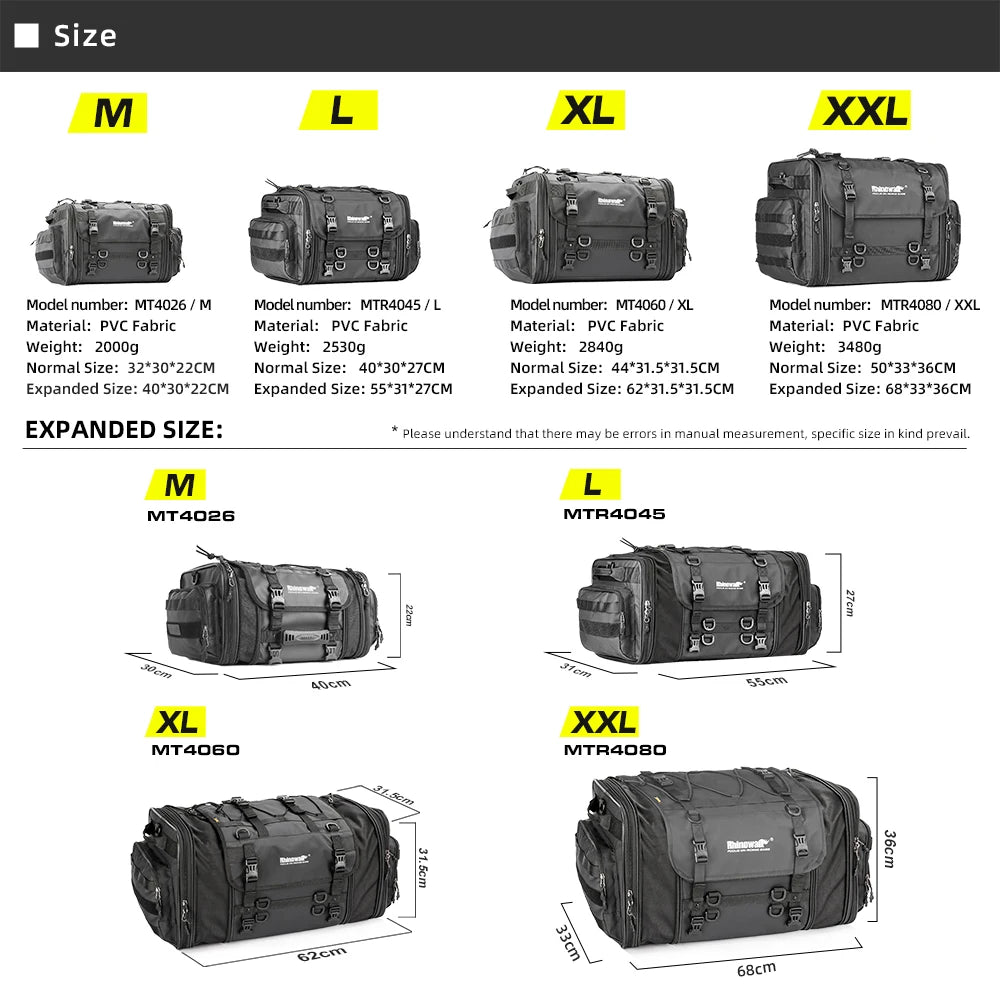 Rhinowalk Motorcycle Travel Luggage Bag Waterproof 19L-80L Expandable Big Capacity Motor Tail/Trunk/Rack Bag For Most motorcycle SPINGHAR