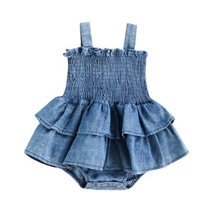 Baby Summer Clothes Girl Denim Romper Sleeveless Suspender Pleated Design Ruffle Hem Bottom Snap Button Cute Jumpsuit SPINGHAR