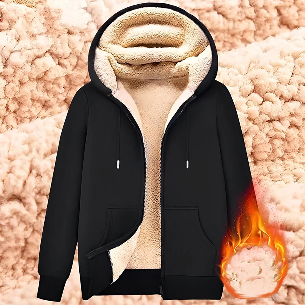 Trendy Sweatshirt Coat Front Pockets Warm Zipper Lamb Wool Jacket  Men and Woman Winter Pure Color Plush Lined Cardigan Hoodie SPINGHAR