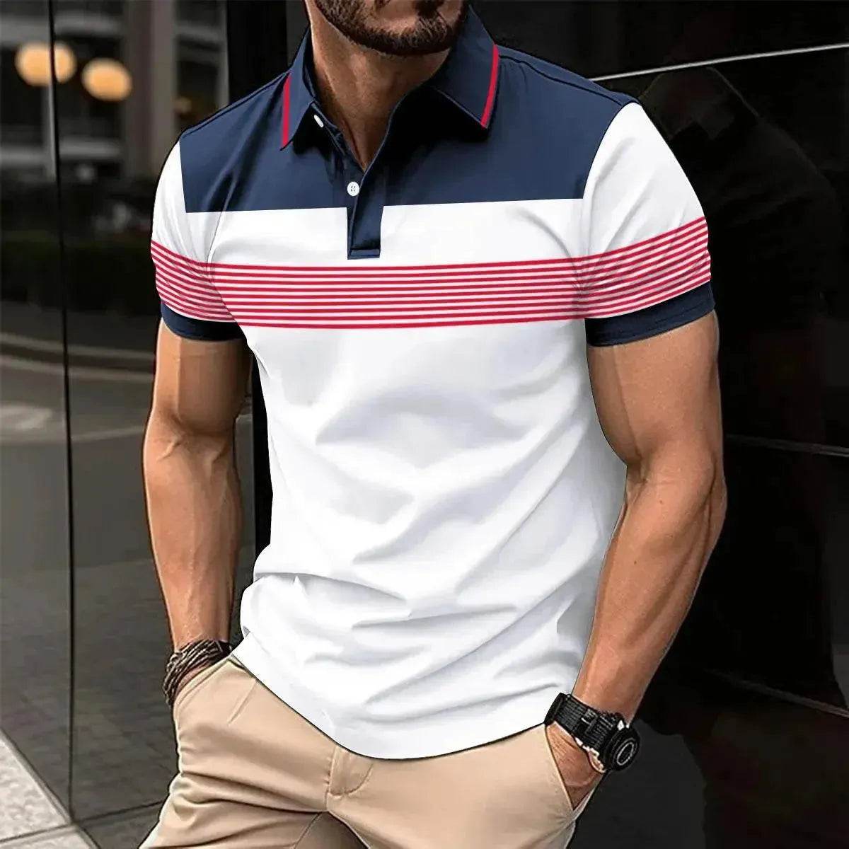 Best-Selling Men's Summer Polo Shirt - Striped Patchwork Slim Fit - SPINGHAR