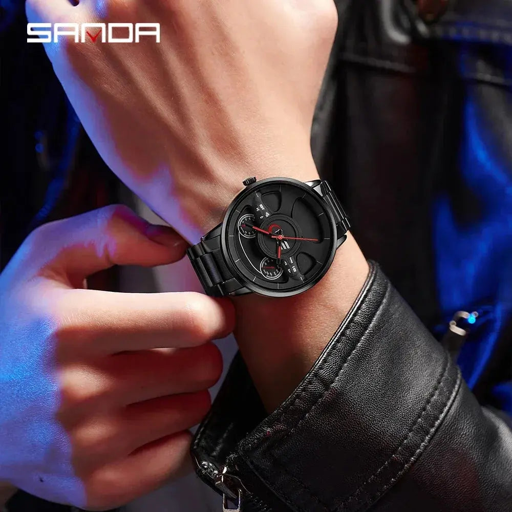 Fashion Sanda Top Brand 1138 New Arrival Leather Band Car Spinning Rim Luxury Men's Custom Design Quartz Waterproof Wheel Watch - SPINGHAR