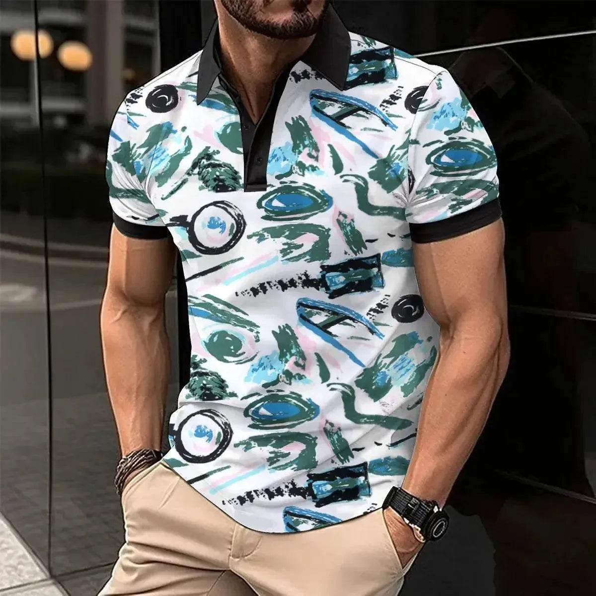 Summer Men's Short Sleeve Polo Shirt - Colorful Print Casual T-Shirt - SPINGHAR