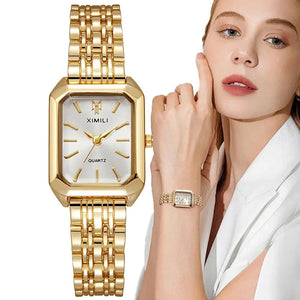 Luxury Ladies Fashion Quartz Watch Simple Scale Square Quality Gold Plated Women Watches Business Stainless Steel Folding Clock - SPINGHAR