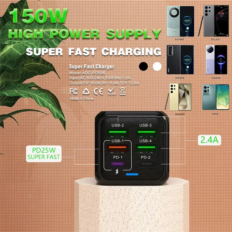 150W 6-Port USB-C Quick Charger - Fast Charging for iPhone & Android - SPINGHAR