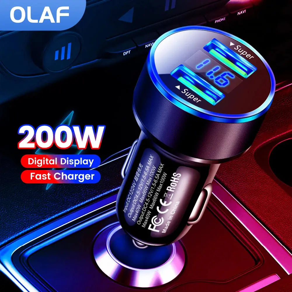 200W Car Charger Dual USB Ports Super Fast Charging with Digital Display Quick Charging Adapter For IPhone Samsung Xiaomi Huawei - SPINGHAR