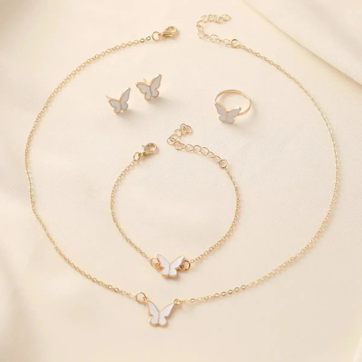 White Butterfly Drop Glazed Necklace Exquisite Simple Fashion Collarbone Chain Temperament Necklace Earrings Rings Jewelry Sets - SPINGHAR