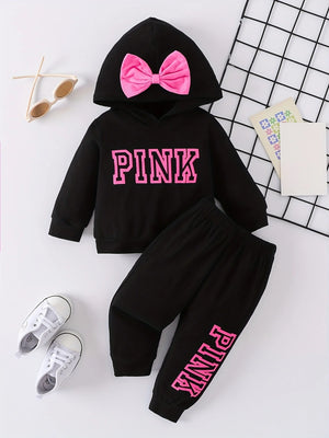 Toddler lively girl baby bow decorated alphabet printed toddler hooded top and trousers cotton baby set Spring and autumn SPINGHAR