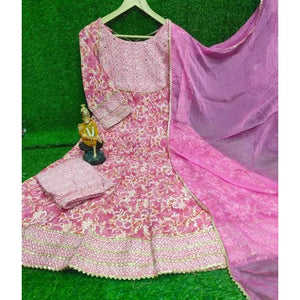 Embroidered Pink Anarkali Kurti with Pant & Dupatta - SPINGHAR