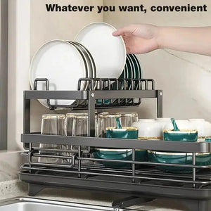 Dish Drying Rack Adjustable Kitchen Plates Organizer with Drainboard Over Sink Countertop Cutlery Storage Holde - SPINGHAR