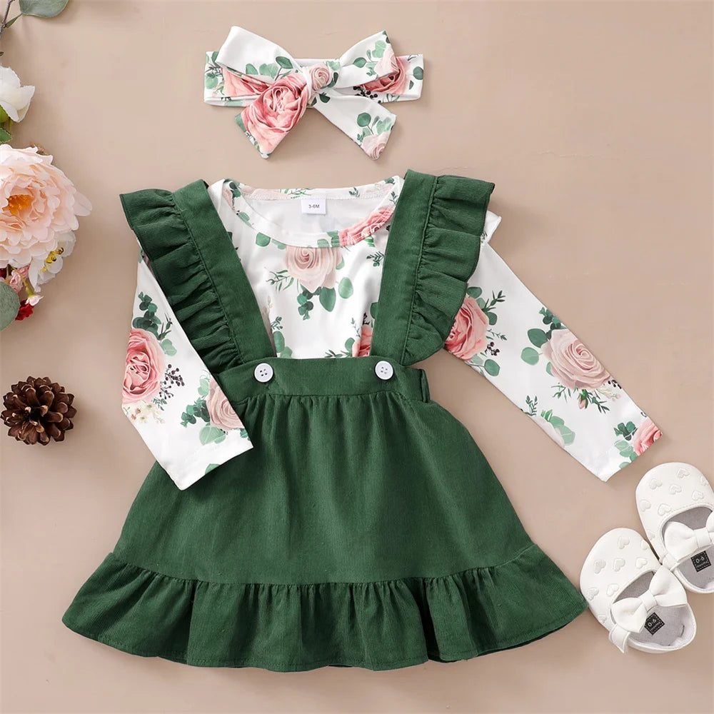 0-12Months Newborn Baby Girl 3PCS Clothes Set Floral Long Sleeve Top+Suspender Skirt+Headwear Fashion Spring&Autumn Daily Outfit SPINGHAR