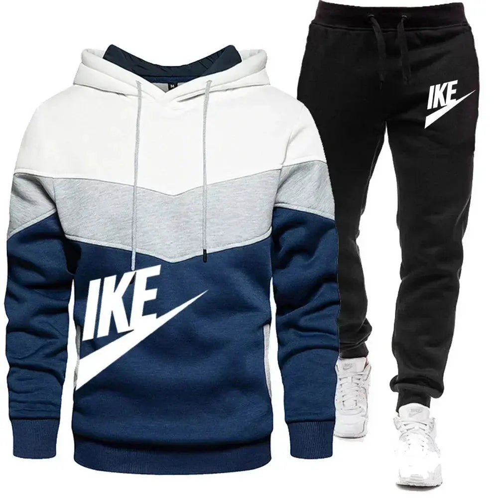 Foreign Trade 2024 Winter New Men's Splicing Sweatshirt Set Hooded Sports Loose Long Sleeve Casual Pants Two Piece Set - SPINGHAR