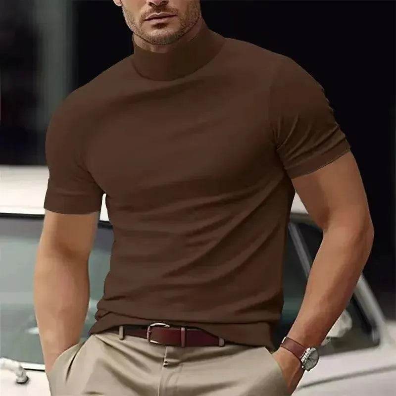 Summer Men's Casual Semi-High Neck T-Shirt - Slim Fit Solid Color - SPINGHAR