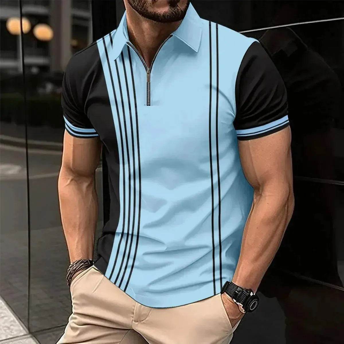 New Summer Men's Short Sleeve Polo Shirt - Splice Stripe Fashion Top - SPINGHAR