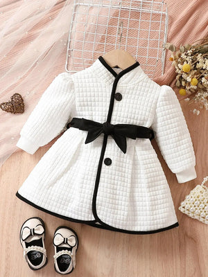 Baby Girls Fashion Autumn And Winter Thermal Belted Dress Set Princess Coat Classic Black And White Color Contrast Cardigan - SPINGHAR