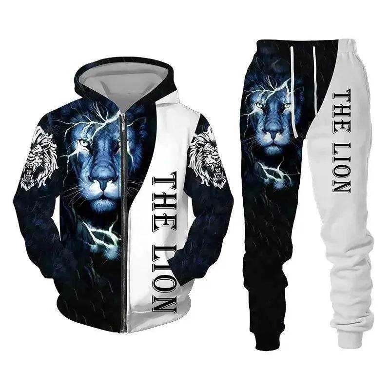 Men's 3D Lion Print Tracksuit Set | Autumn & Winter Zipper Hoodie & Pants - SPINGHAR