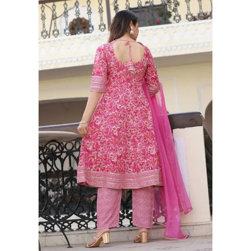 Embroidered Pink Anarkali Kurti with Pant & Dupatta - SPINGHAR