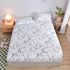 White Marbling Printed Fitted Bed Sheet with Elastic Band - Single/Queen/King Size All-Around Bed Cover for Double Beds SPINGHAR