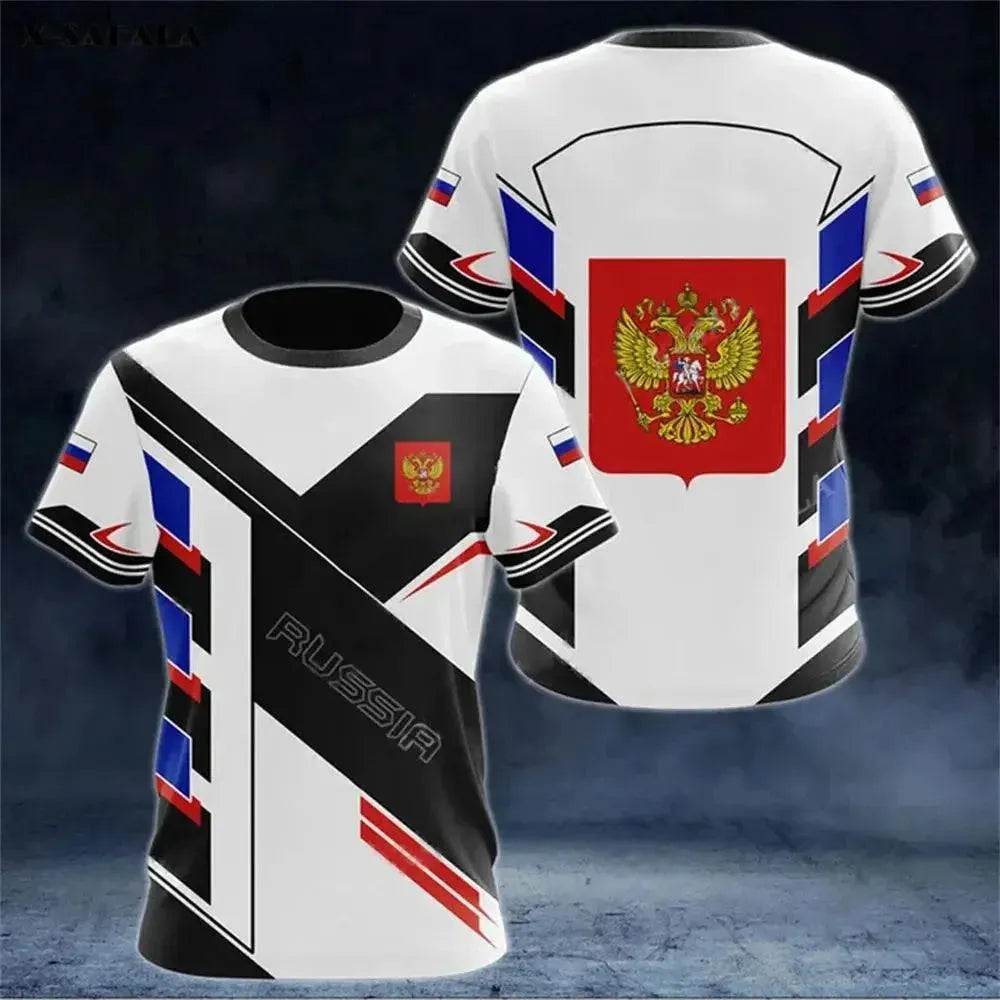 Men's Casual Loose Round Neck T-Shirts with Russian Flag - Oversized Streetwear - SPINGHAR