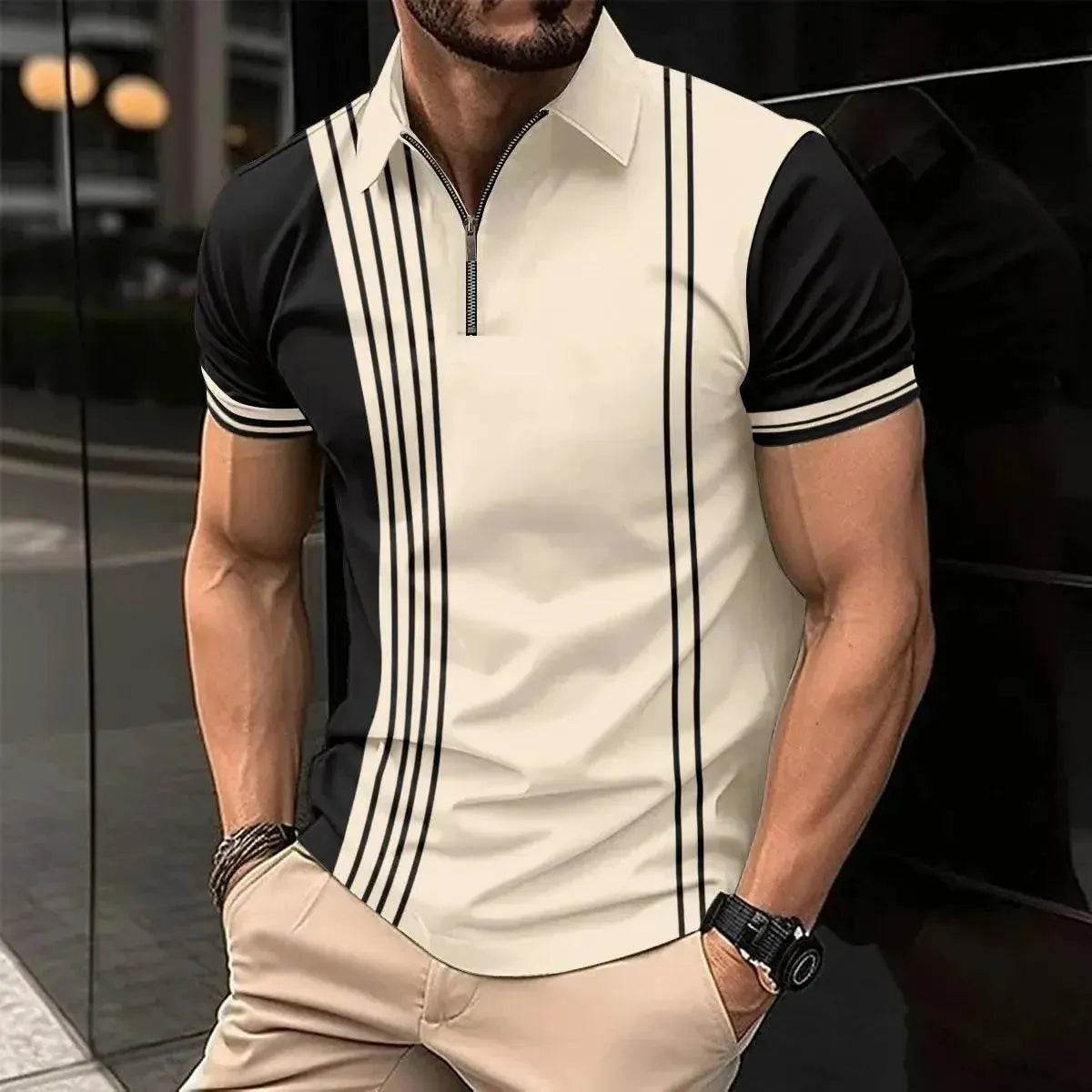 New Summer Men's Short Sleeve Polo Shirt - Splice Stripe Fashion Top - SPINGHAR