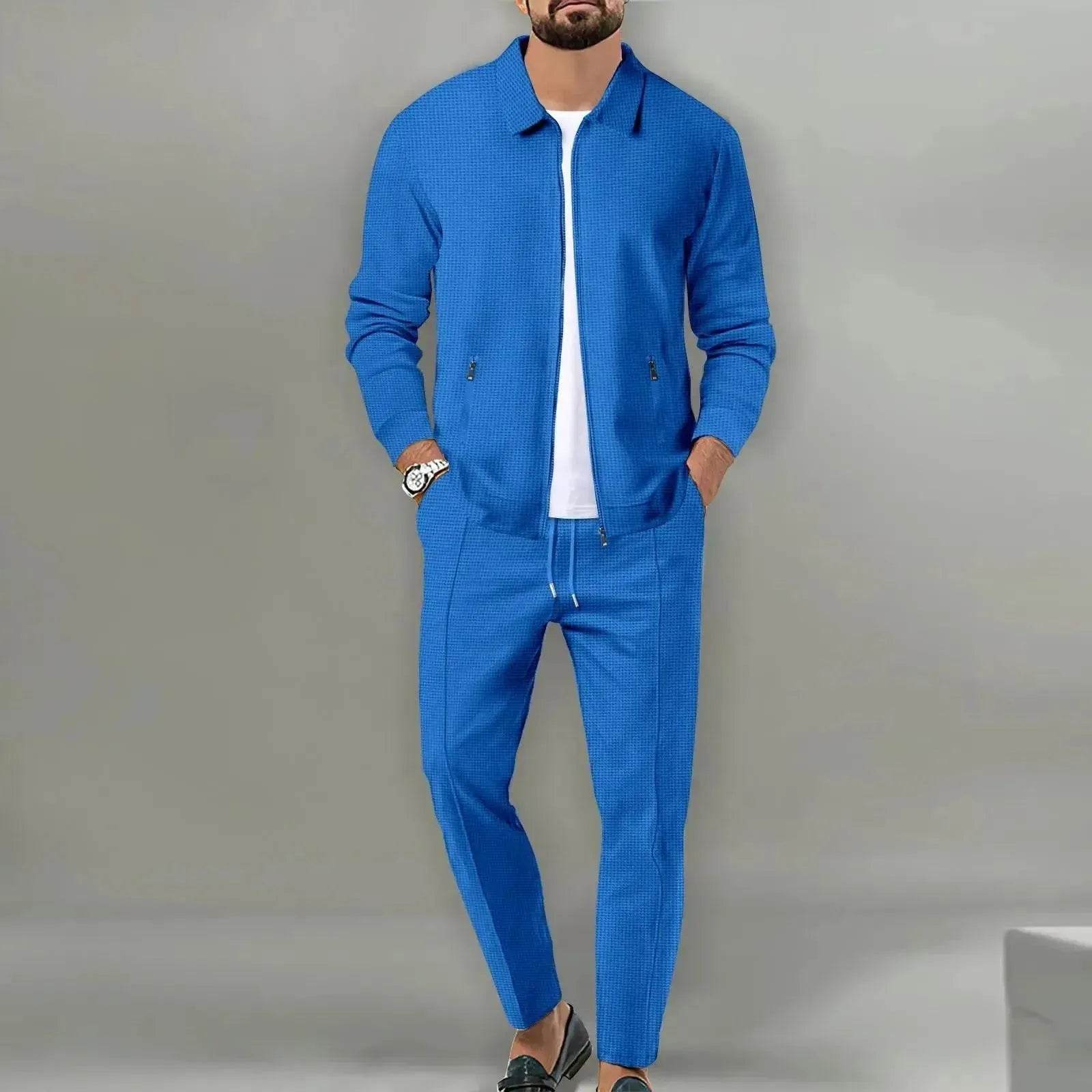 Spring/Summer Men's Best-Selling Waffle Jacket Set - Casual Solid Color - SPINGHAR