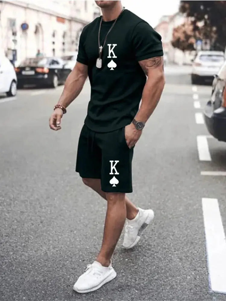 Y2K Men's T-Shirt & Shorts Set - Oversized 'K' Letter Print Casual Streetwear - SPINGHAR