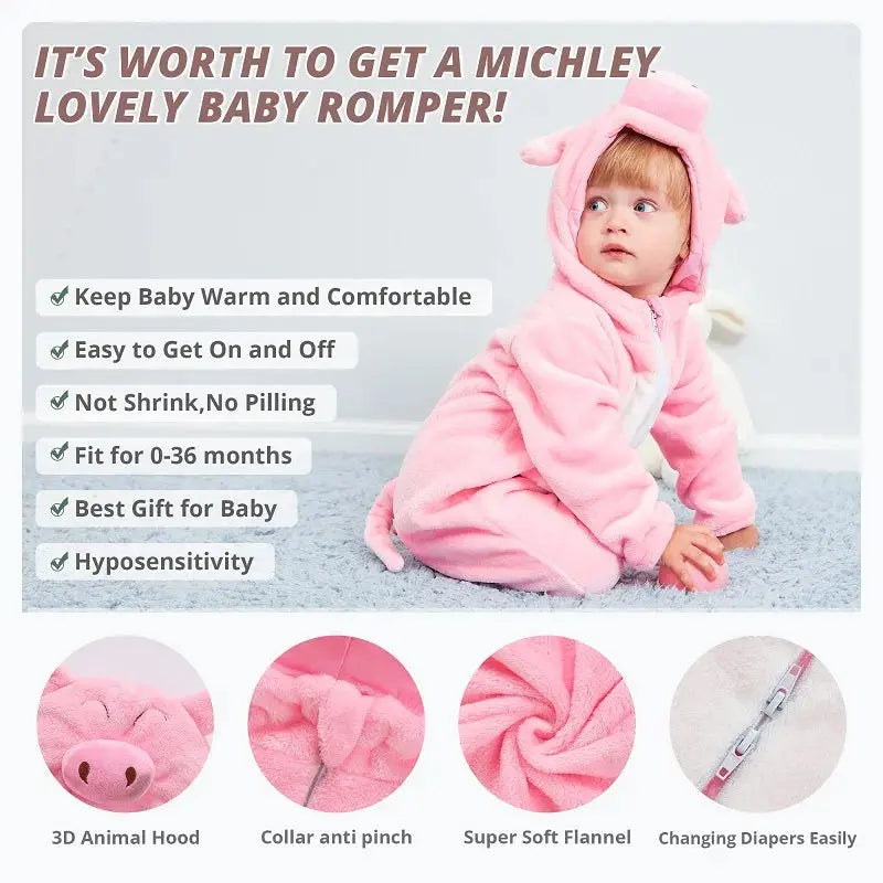 MICHLEY Halloween Gifts Pink Pig Baby Rompers Autumn Winter Clothes Costume Flannel Hooded Bodysuit Pajamas Jumpsuit For Girls - SPINGHAR