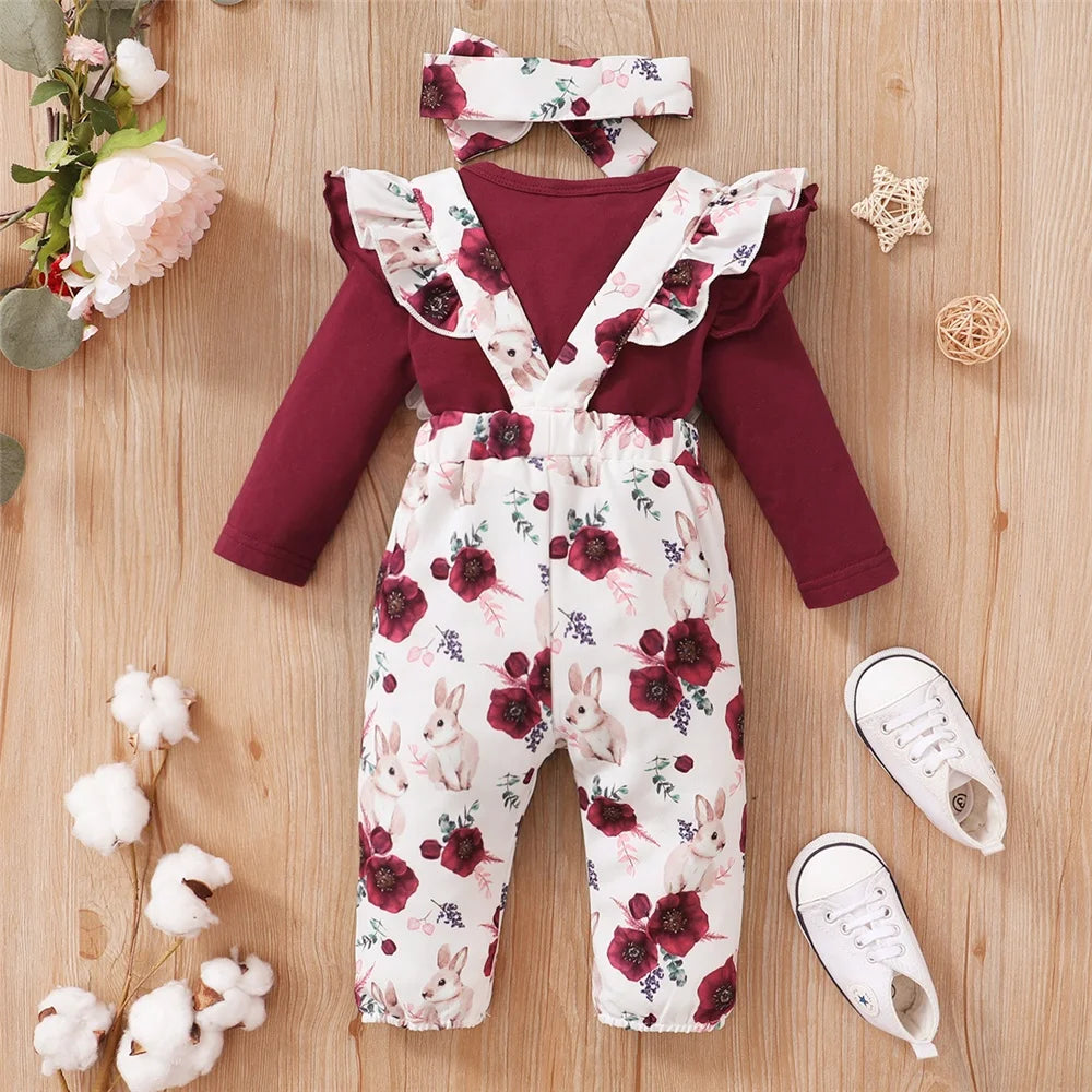 0-18Months Baby Girl Clothes Set Red Color Long Sleevs Bodysuit + Flower Strap Pants 2PCS Infant Girl New Years Clothing Suit SPINGHAR