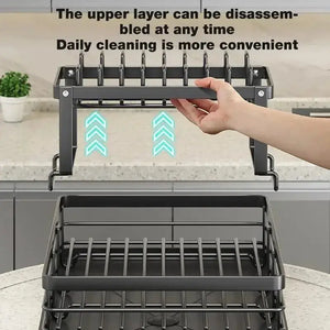 Dish Drying Rack Adjustable Kitchen Plates Organizer with Drainboard Over Sink Countertop Cutlery Storage Holde - SPINGHAR