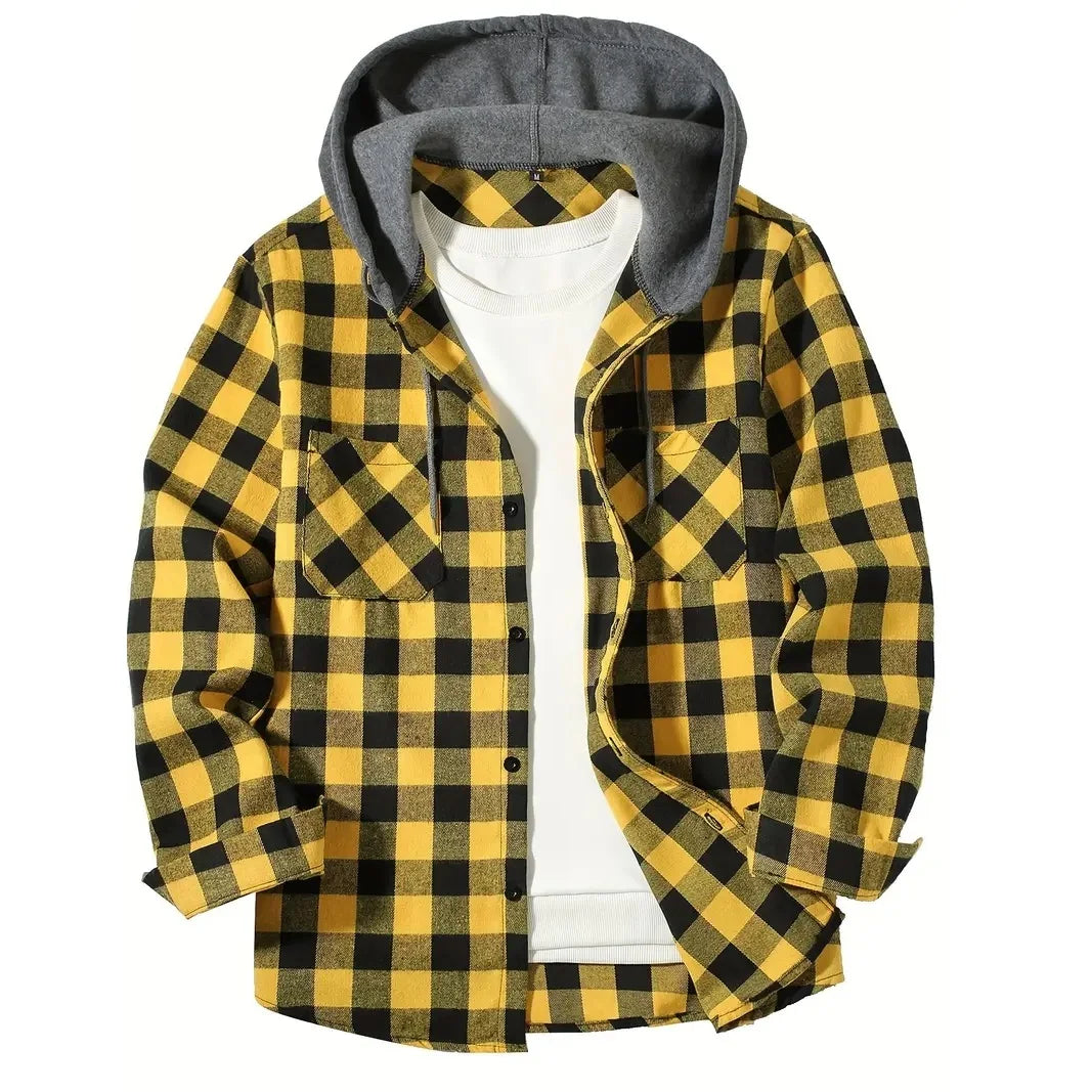 Men's Shirts Classic Plaid Casual Button Down Hooded Long Sleeved Double Pockets Shirt Hoodie Flannel Jacket Spring Autumn Tops SPINGHAR