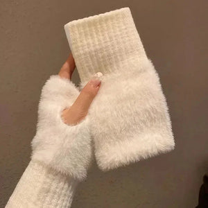 2024 New Mink Fleece Half Finger Gloves for Women's Soft Winter Warmth Luxury Solid Color Plush Knitted Fingerless Gloves SPINGHAR