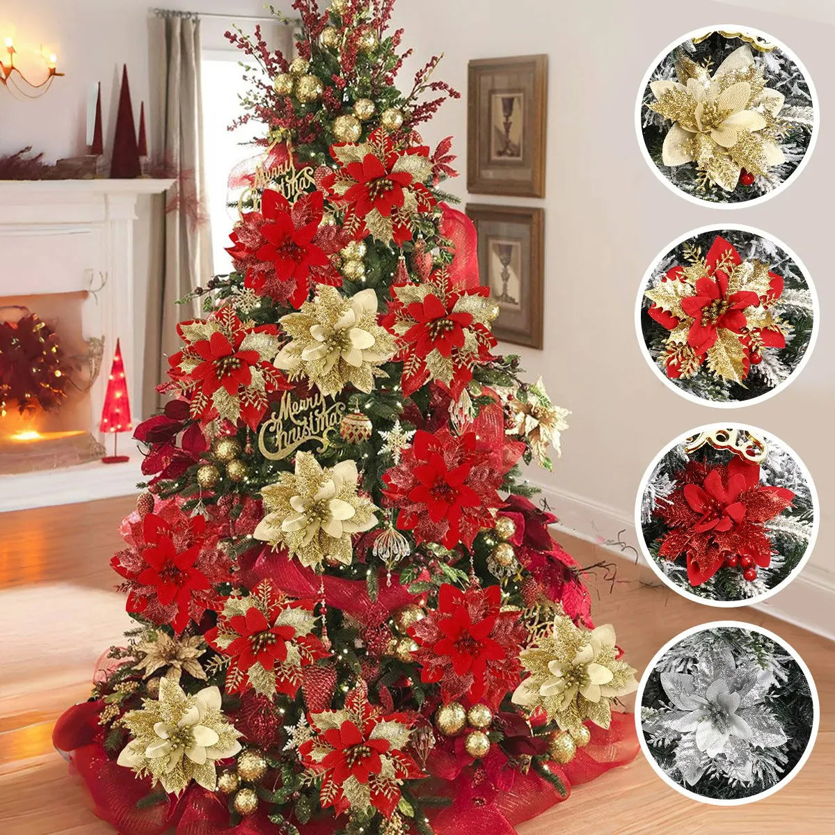 Christmas Glitter Artificial Flowers Christmas Tree Hanging Ornaments Fake Flower for Home 2024 Xmas New Year 2025 Navidad Gift SPINGHAR