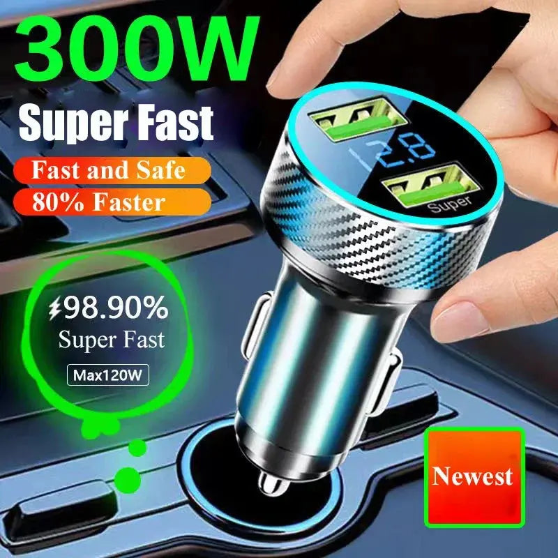 2 in 1 USB Car Charger Adapter 300W Super Fast Charge with Voltage Monitor for iPhone Samsung iPad Huawei Oneplus OPPO VIVO - SPINGHAR