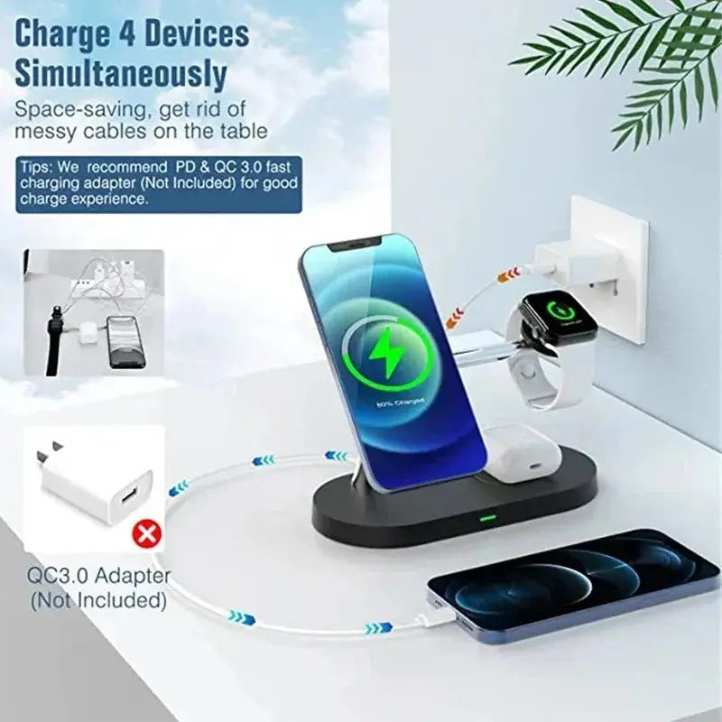 3 in 1 Wireless Charger Stand Magnetic For iPhone 12 13 14 15 Fast Charging Station for Apple Watch 9 8 7 6 5 Airpods 2 3 Pro - SPINGHAR