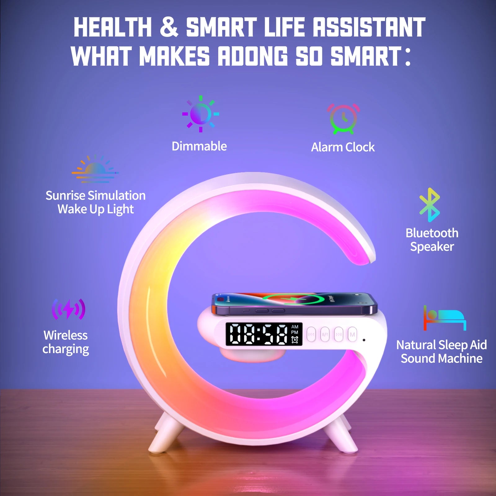 LED Smart Wake Up Light RGB Night Light with Wireless Speaker 15W Wireless Rechargeable Desk Lamp for Bedroom Bedside Game Room SPINGHAR