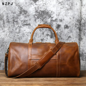 NZPJ Men's Retro Leather Large-capacity Travel Bag Crazy Horse Leather Handbag Top Layer Cowhide Business Trip Shoulder Bag SPINGHAR