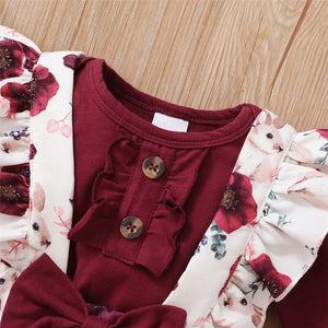 0-18Months Baby Girl Clothes Set Red Color Long Sleevs Bodysuit + Flower Strap Pants 2PCS Infant Girl New Years Clothing Suit SPINGHAR