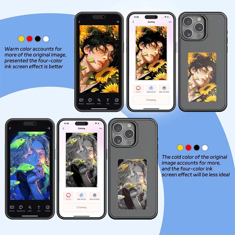 New Pink Blue Fashion Cartoon 4 Color Smart Phone Cover E ink NFC Function Cases for iPhone 16 15 14 13 Pro Max DIY Screen Funda SPINGHAR