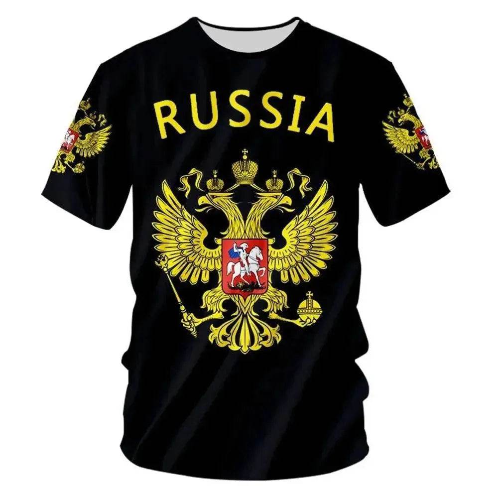 Men's Casual Loose Round Neck T-Shirts with Russian Flag - Oversized Streetwear - SPINGHAR