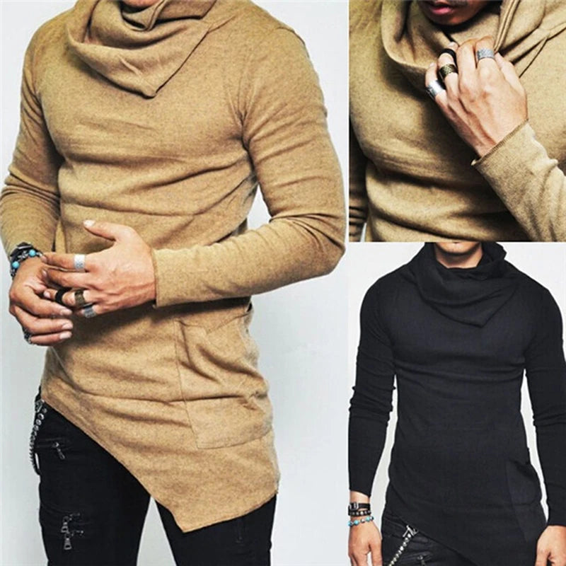 Plus Size 5XL Men's Hoodies Unbalance Hem Pocket Long Sleeve Sweatshirt For Men Clothing Autumn Turtleneck Sweatshirt Top Hoodie SPINGHAR