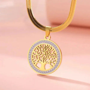 LIKGREAT Tree of Life Stainless Steel Necklace for Women New Fashion Clear Zircon Round Pendant Necklaces Jewelry Wedding Gift - SPINGHAR