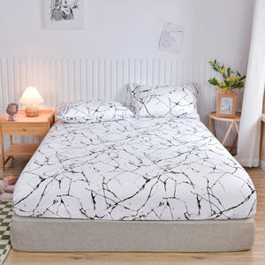 White Marbling Printed Fitted Bed Sheet with Elastic Band - Single/Queen/King Size All-Around Bed Cover for Double Beds SPINGHAR